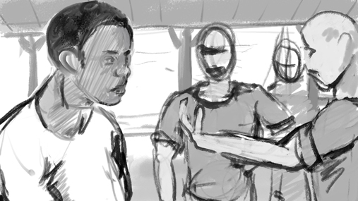 A sketched storyboard. A man is about to be seized by slavecatchers.
