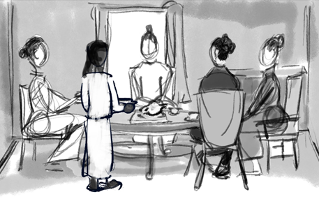 A sketched storyboard. A group of women take tea.
